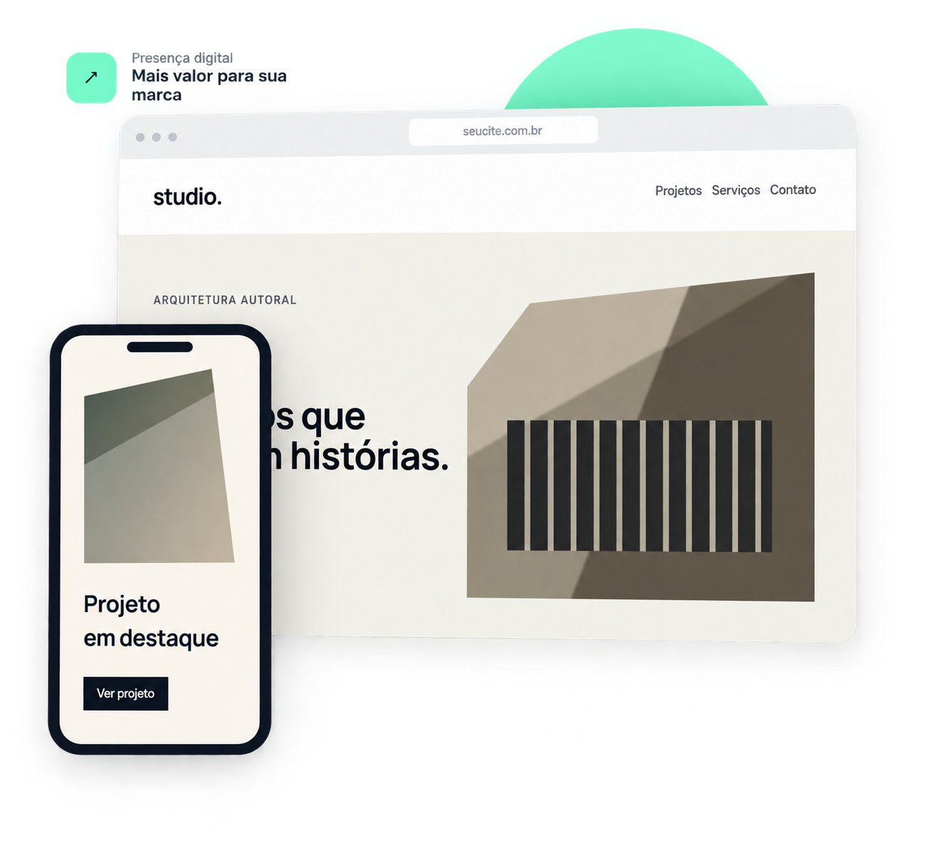 Prévia de um site de arquitetura em computador e celular.