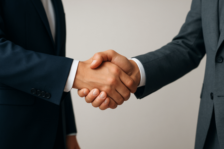 Aperto de mãos entre dois empresários simbolizando credibilidade e confiança nos negócios com site institucional