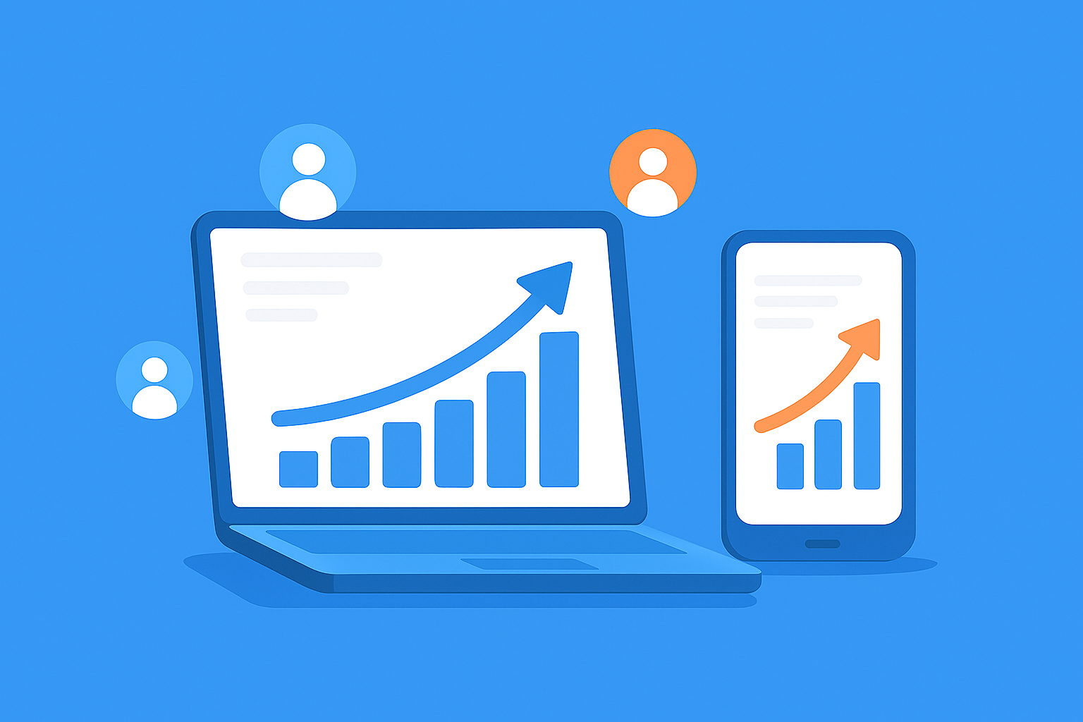 Ilustração de um notebook e um smartphone exibindo gráficos de barras em crescimento com setas ascendentes, simbolizando investimento que gera retorno financeiro e expansão de resultados