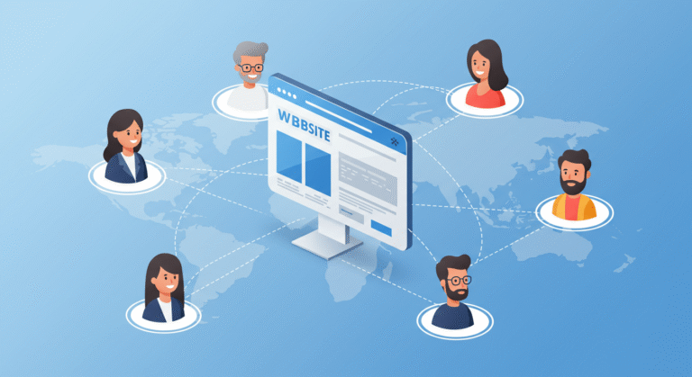 Ilustração de website conectado a pessoas ao redor do mundo, representando maior alcance e atração de novos clientes com presença digital