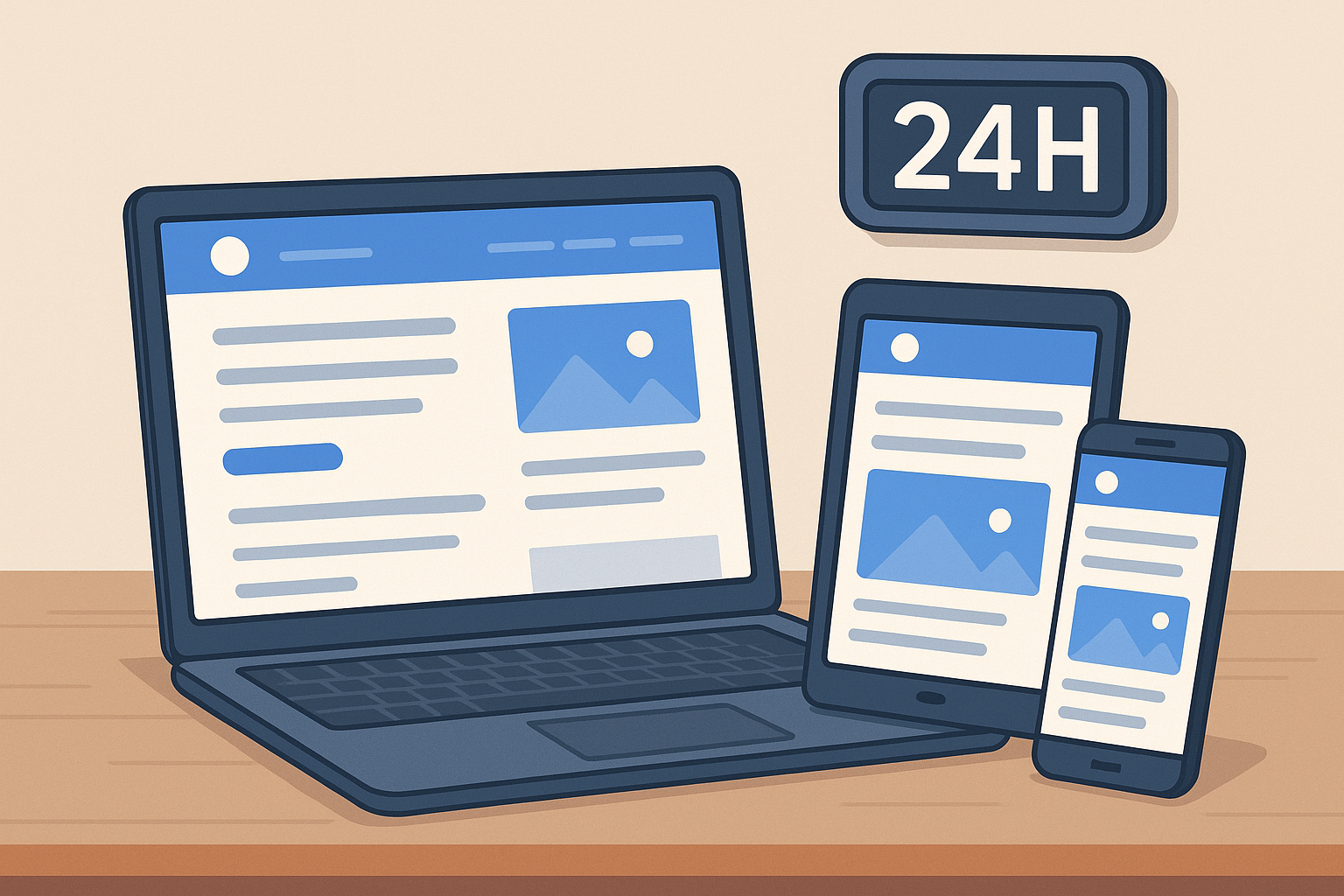 Notebook, tablet e smartphone exibindo um site institucional com relógio digital 24h, representando presença online 24 horas por dia