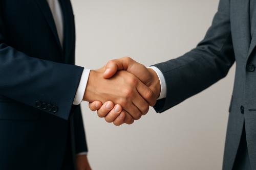 Aperto de mãos entre dois empresários simbolizando credibilidade e confiança nos negócios com site institucional