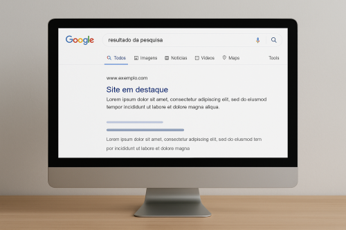 Tela de computador mostrando resultado em destaque no Google, simbolizando mais chances de aparecer nos buscadores com site institucional
